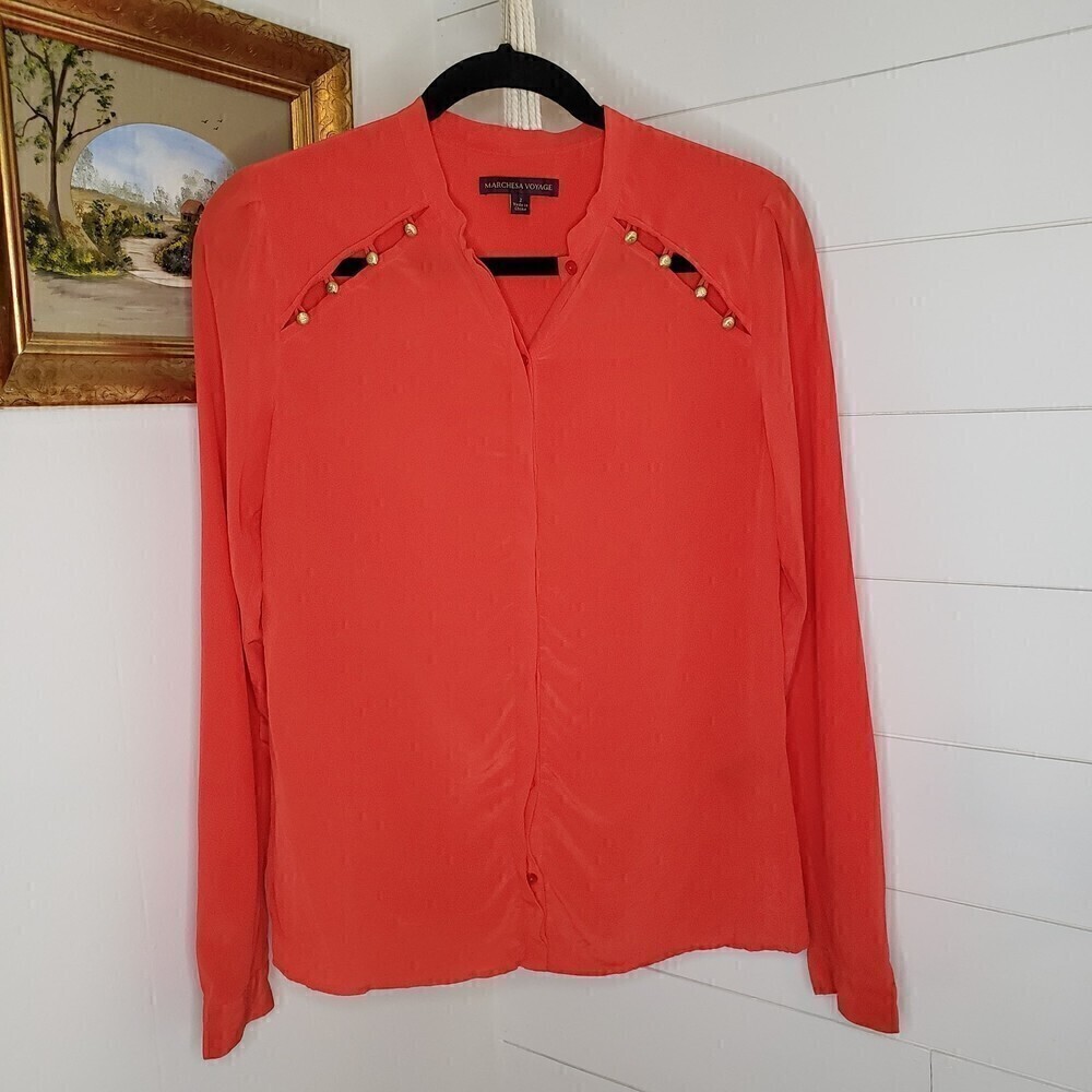 Marchesa Voyage Silk Button Yoke Long Sleeve Button Front Top Orange Coral 2